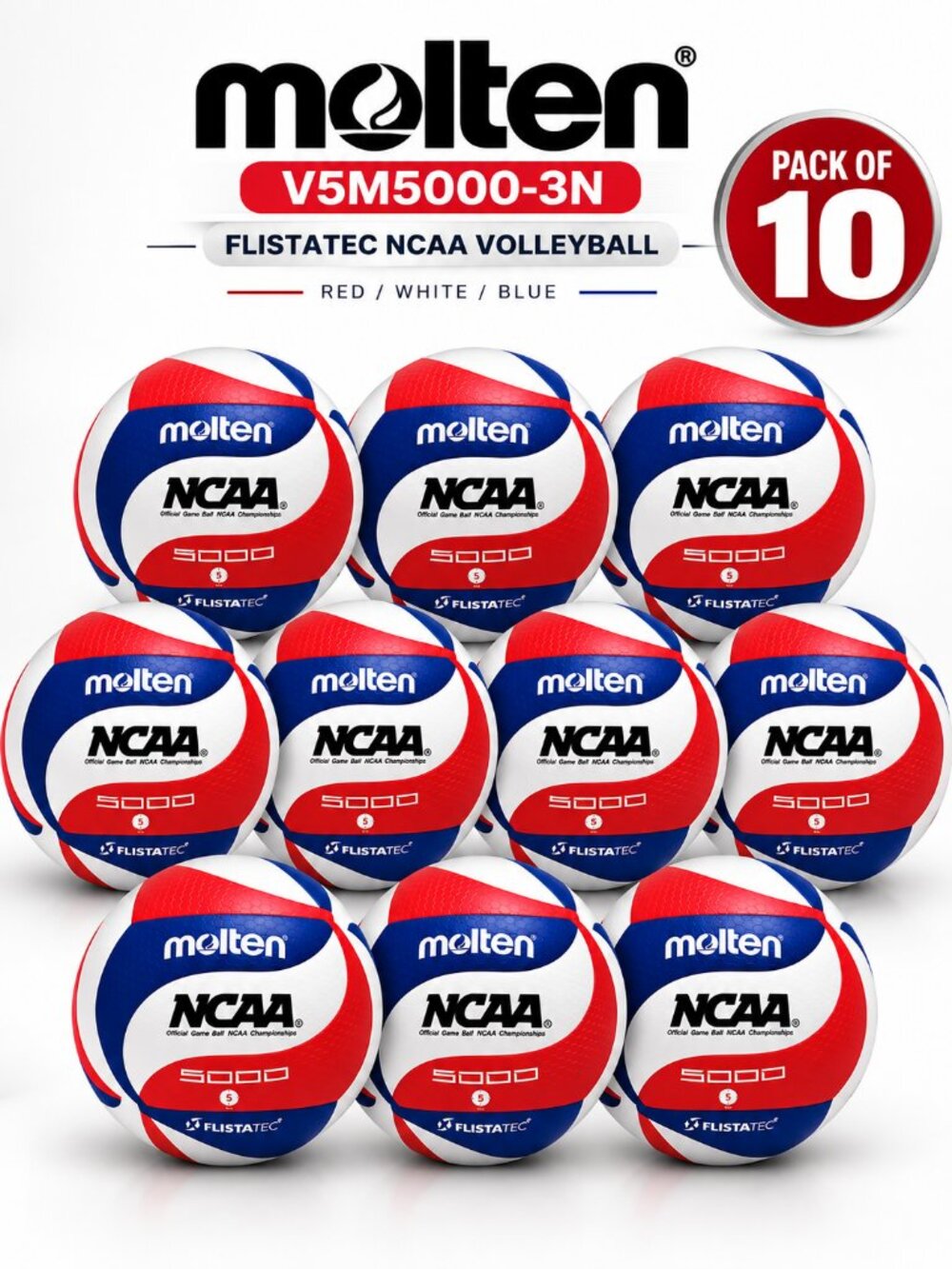 Molten V5M5000-3N Flistatec NCAA Volleyball Red/White/Blue Pack of 10